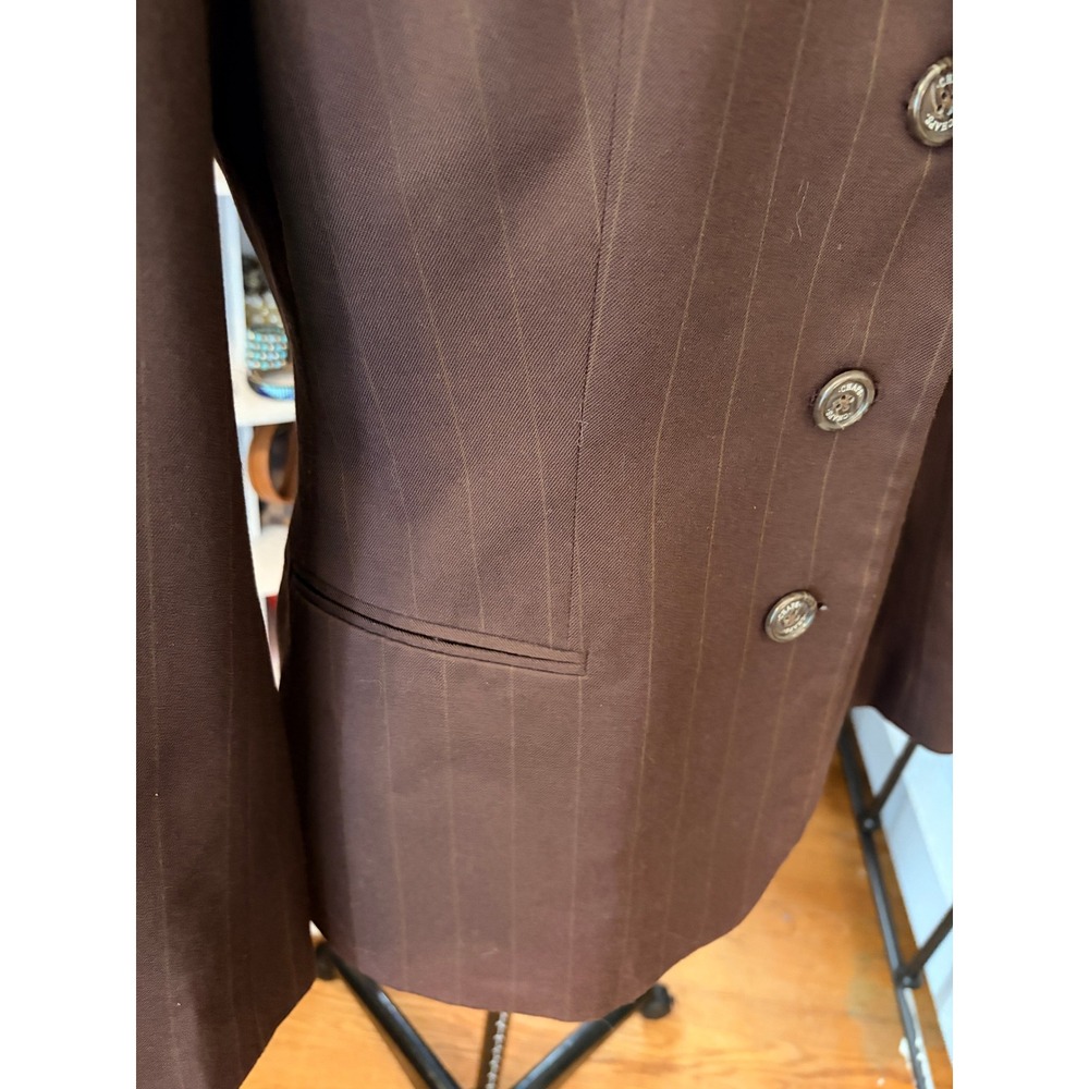 CHAPS Blazer 8 Brown Pinstripe 100% Wool Three-Button Dark Academia Professional - Picture 2 of 11